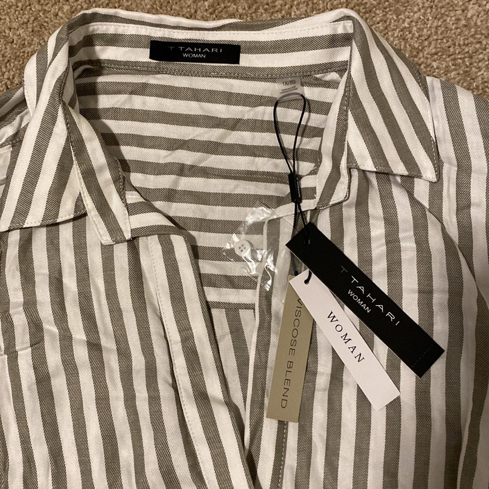 Tahari Striped Poplin Tunic - Picture 2 of 4
